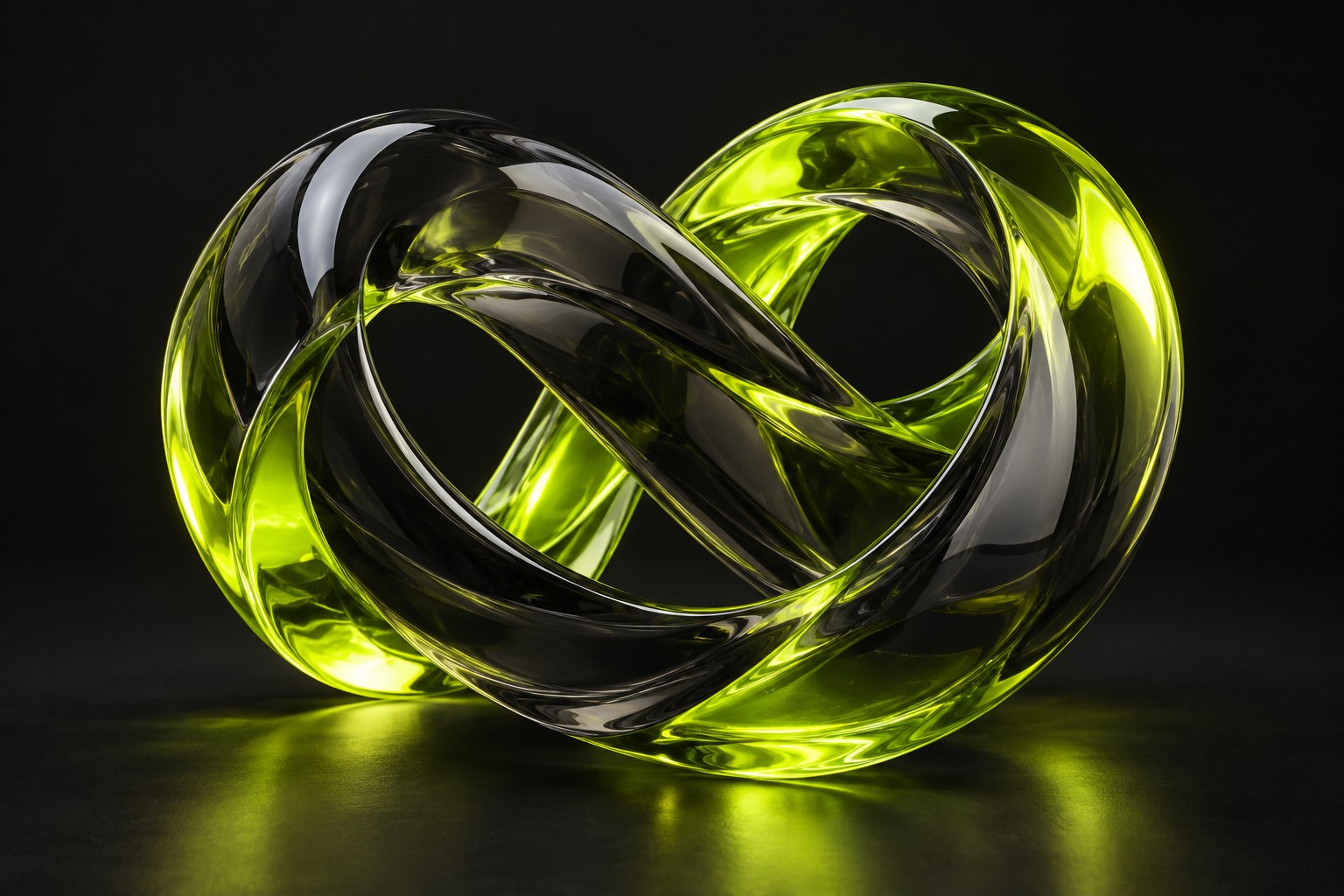 Connected sculptural loops in glass and electric green